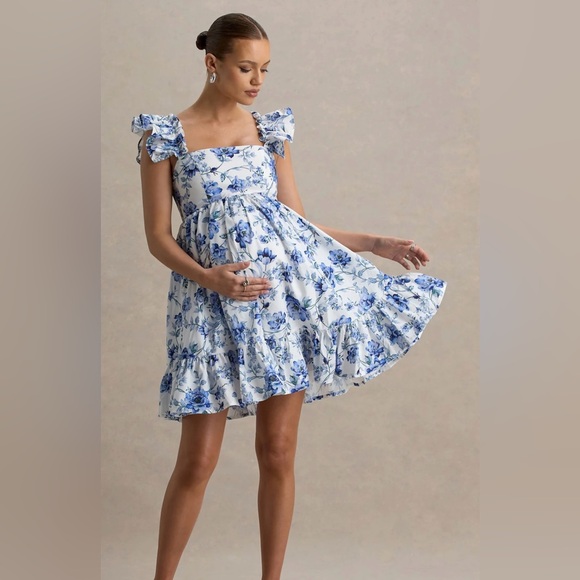 DOLLY DAZE
BLUE FLORAL PRINT RUFFLE SLEEVE BABYDOLL MATERNITY MINI DRESS - Picture 1 of 4